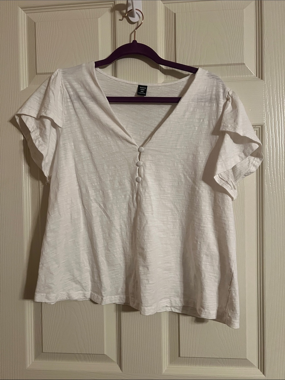 SHEIN Cream V-Neck Button Flutter Sleeve Blouse